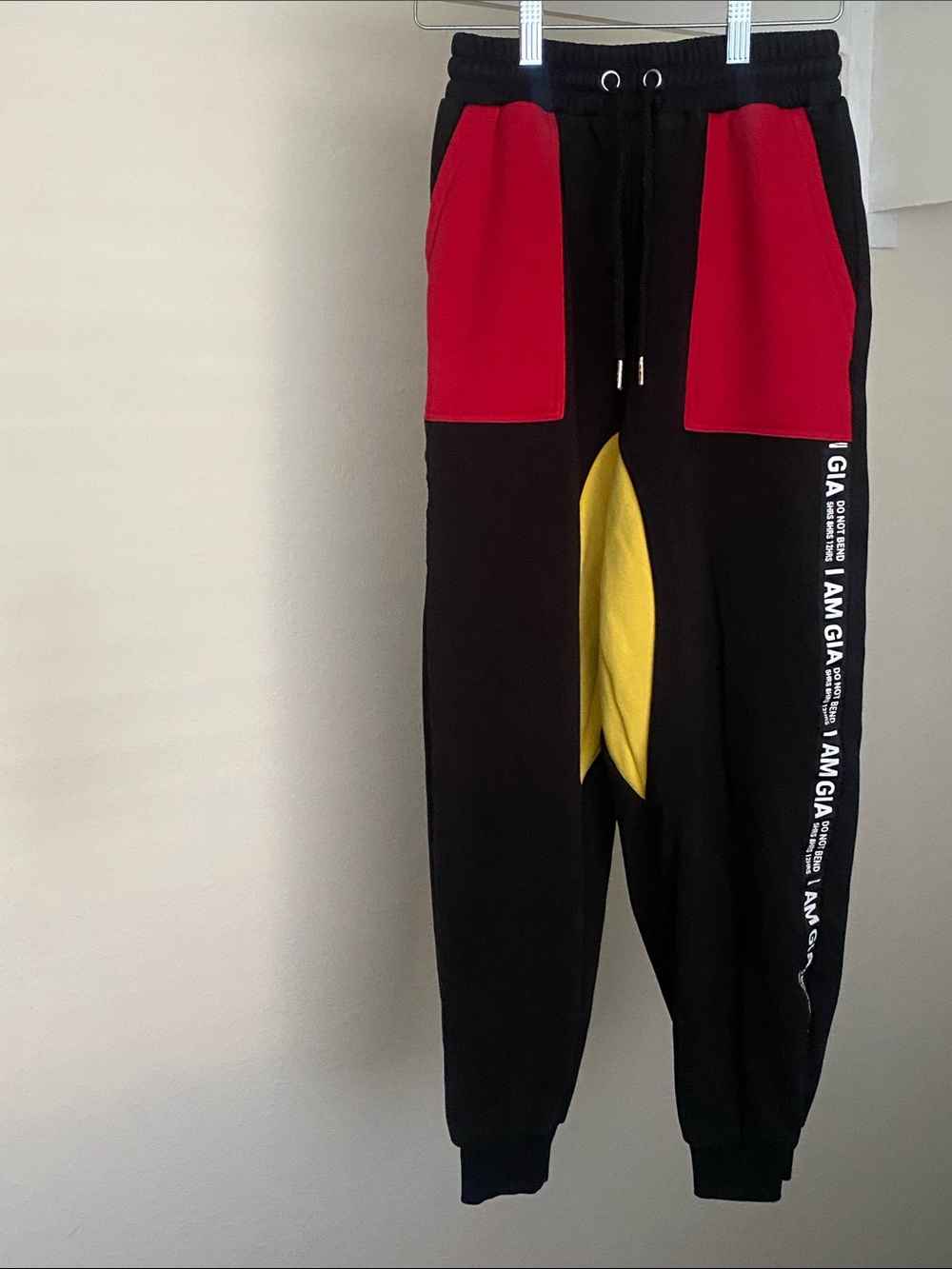 I.AM.GIA Black Joggers with Red Pockets and Yellow Panel. Size S.